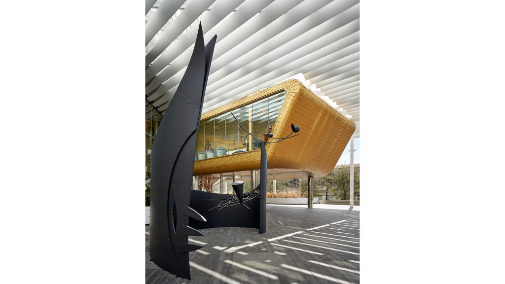 A building with a glass front.